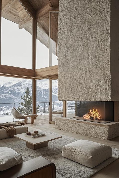 40 Coziest Mountain Homes With Stone Fireplaces Mountain Apartment Interior Design, Mountain Stone Fireplace, Fireplace Near Windows, Home Fireplace Stone, Large Open Fireplace, Modern Lodge Fireplace, Mountain Interior Design Rustic, Ski Interior Design, Modern Alpine Interior