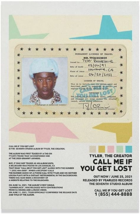 call me if you get lost tyler, the creator aesthetic album cover color swatches theme ID card pastel stars Tyler Baudelaire, Album Cover Wall Decor, College Posters, Wallpaper Collages, Anniversary Photo Album, Bubble Yum, College Poster, Lost Poster, Tyler The Creator Wallpaper