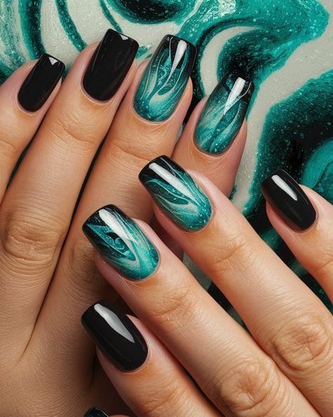 Teal Nail Art Designs, Teal And Black Nails Designs, Black Teal Nails, Teal Nails Fall, Turquoise Black Nails, Turquoise Prom Nails, Short Edgy Nails, Black And Turquoise Nails, Teal Nails Turquoise