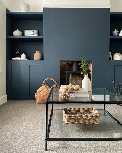 Farrow And Ball Living Room, Alcove Cabinets, Alcove Shelving, Navy Living Rooms, Snug Room, Hague Blue, Living Room Wall Color, Living Room Decor Fireplace, Farrow And Ball