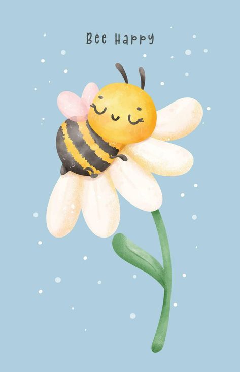 Cute baby honey bee sleeping in flower watercolor cartoon character hand painting illustration vector. Bee Happy Cute Bee Painting Simple, Bee Sleeping In Flower, Bee Watercolor, Bee And Flower, Watercolor Cartoon, Bee Classroom, Bee Printables, Bee Drawing, Bee Painting