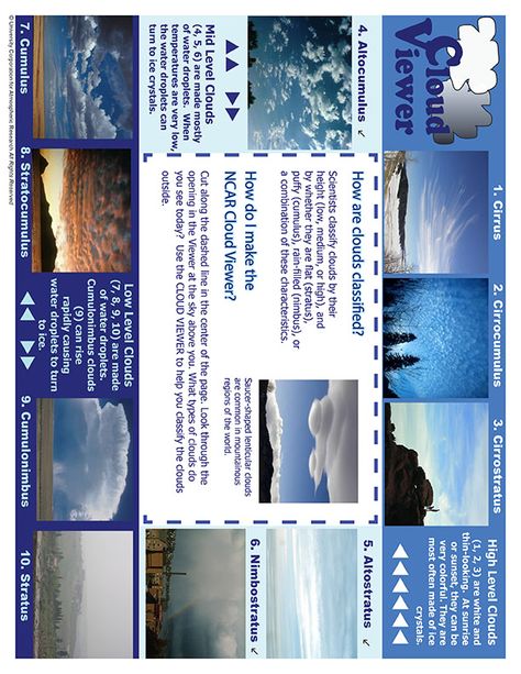 Free printable http://www.windows2universe.org/teacher_resources/cloud_viewer_web.pdf Cloud viewer. glued on cereal boxes Cloud Spotter, Type Of Clouds, Cloud Viewer, Montessori Resources, Science Homework, Kid Science, Cumulus Clouds, 2024 Ideas, Cereal Boxes