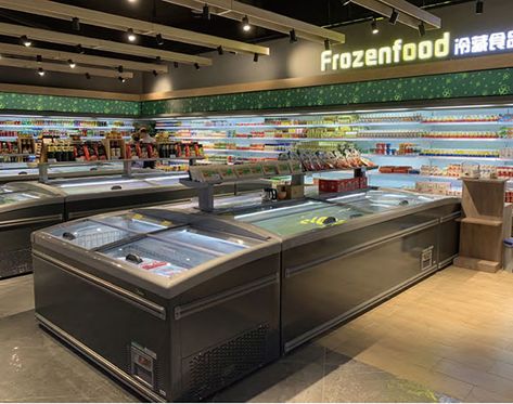 Frozen Food Store Design, Butcher Display, Huge Refrigerator, Frozen Shop, Freezer Horizontal, Supermarket Design Interior, Double Island, Frozen Room, Display Refrigerator