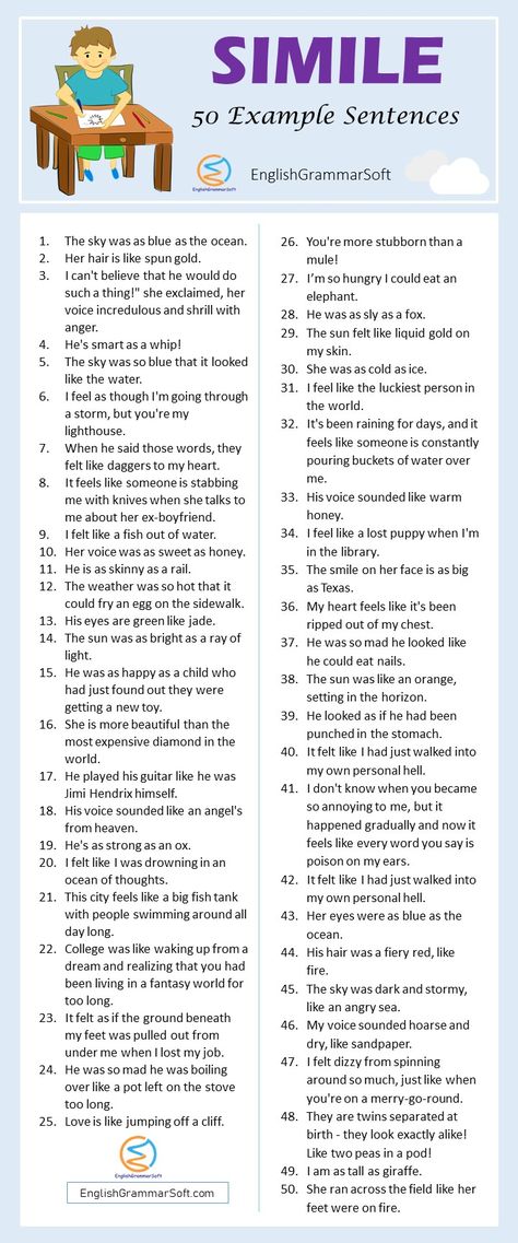 50 Sentences of Simile (Common Examples of simile) Simile Sentences, Example Of Simile, Metaphor Poems, Simile Poems, English Conversation Learning, Sentence Examples, Similes And Metaphors, English Language Learning Grammar, English Teaching Materials