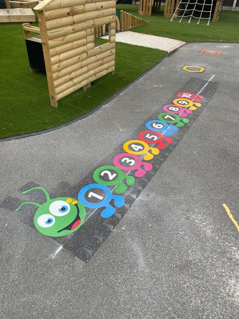 Number Caterpillar, Child Care Center Design, Daycare Room Design, Motor Skills Preschool, Playground Painting, Kids Outdoor Playground, Outdoor Kids Play Area, Preschool Playground, Playground Games