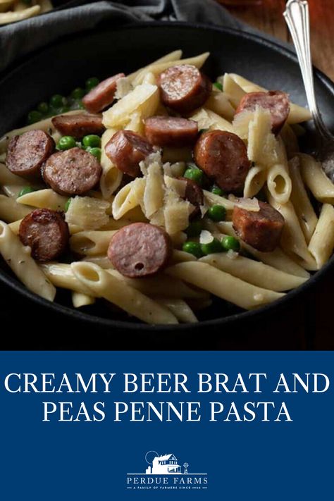 A quick and easy weeknight dinner, this pasta dish pairs some of our favorite flavors: the spicy goodness of bratwurst, hop bitterness and sweetness of amber ale and the rich and creamy decadence of Parmesan cheese. Peas lend a hint of color and also subtle crunch. This will quickly become a comfort food favorite. #pasta #pastarecipes #beerbrat #brats #veggies #comfortfood #recipes #recipe #easymeals #dinner #lunch #easydinnerrecipes #quickmeals Beer Bratwurst Recipes, Easy Penne Pasta Recipes, Bratwurst Dinner, Beer Brat, Cheese Peas, Creamy Sausage Pasta, Beer Bratwurst, Brats Recipes, Bratwurst Recipes