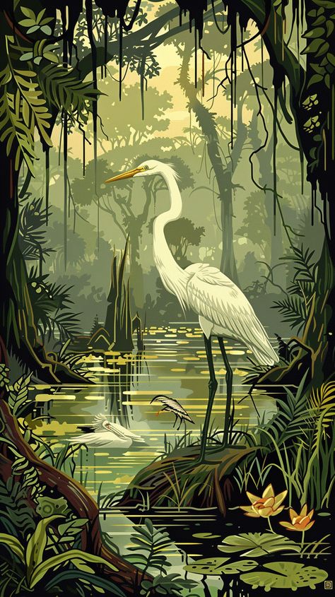 Explore the beauty of a bird in the Everglades with this stunning digital artwork. #BirdArt #Everglades #NatureIllustration #WildlifeArt #FloridaNature #DigitalArtwork #BirdWatching #SwampLife Wildlife Illustration Art, Swamp Aesthetic Drawing, Bird Mural, Florida Animals, Everglades Aesthetic, Swamp Illustration, Everglades Illustration, The Everglades, Swamp Plants Illustration