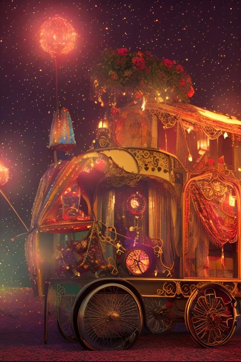 Steampunk Circus Art, Feywilds Dnd, Fantasy Carnival Art, Fantasy Caravan, Dnd Circus, Circus Core, Fantasy Circus, Circus Lights, Steampunk Circus