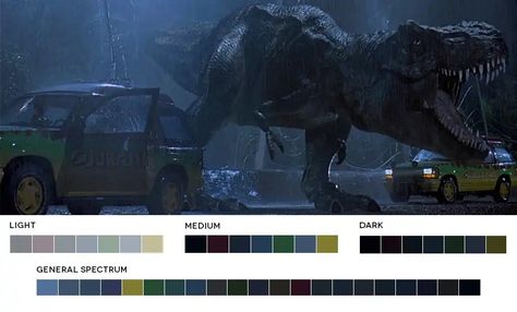 Cinematography Lighting, Filmmaking Cinematography, Jurassic Park 1993, Jurassic Park Movie, Cinema Colours, Dark Color Palette, Color Script, Color Test, Film Inspiration