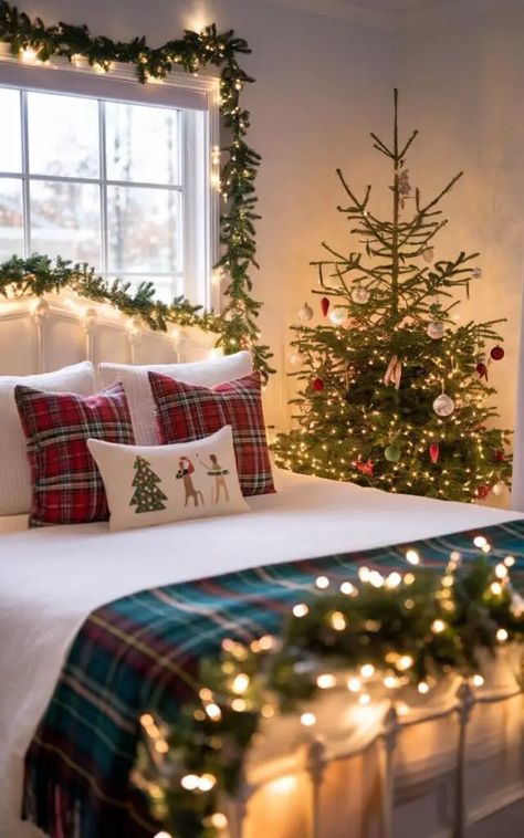 25 Christmas Bedroom Decor Ideas to Create a Holiday Sanctuary Christmas Decor Ideas Colored Lights, Christmas Bedrooms Decor, Traditional Christmas Bedroom, Christmas Tree In Bedroom Ideas, Christmas Decor Ideas Bedroom Cozy, Christmas Master Bed Decor, Cozy Christmas Decor Bedroom, Christmas Guest Room Ideas, Christmas Bedroom Ideas Cozy