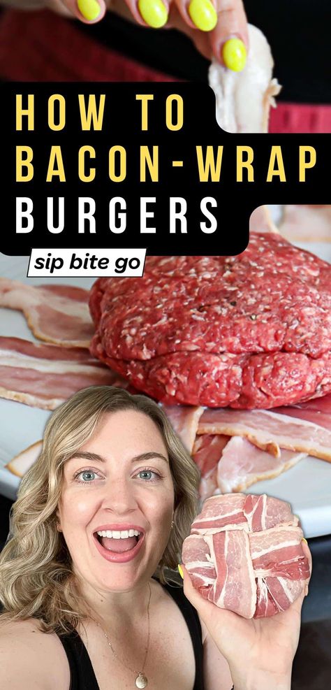 Want a unique, tasty burger idea? See how to wrap a burger in bacon the easy way, with the weave technique. Plus get ideas for cooking your bacon wrapped burger in the oven, in a Traeger pellet smoker, on the BBQ grill, or a cast iron skillet. Let’s cook! | sipbitego.com Burger In The Oven, Bacon Wrapped Cheeseburger, Oven Burgers, Bacon Wrapped Burger, Bacon Wrapped Cheese, Bacon Weave, Ideas For Cooking, Smoked Burgers, Tasty Burger