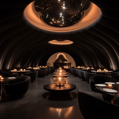 the inside of a large black dome illuminated with anish kapoor art, a high end luxury restaurant floats in the space inside. Luxurious Restaurant Exterior, Restaurant Lighting Ideas, Dome Restaurant, High End Restaurant, Architectural Lighting Design, Donut Bar, Anish Kapoor, Dome Ceiling, Small Cafe