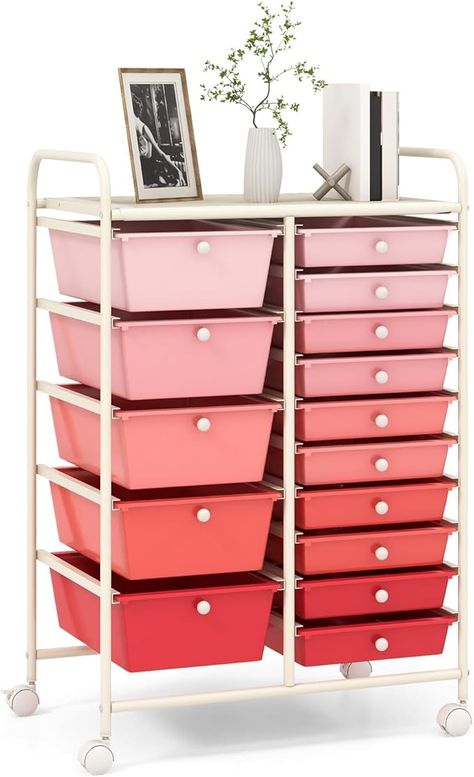 Amazon.com: RELAX4LIFE 15-Drawer Storage Drawer Carts - Mobile Rolling Utility Cart w/Wheels, Craft Organizer for Classroom Organization and Storage, School, Office, Home, Storage Organizer Cart (Gradient Pink) : Office Products Scrapbook Paper Organization, Craft Storage Cart, Cart Organizer, Drawer Cart, Rolling Utility Cart, Organization Cart, Craft Cart, Art Supplies Storage, Rolling Storage Cart