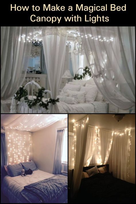 Turn Your Bedroom into a Magical Place with this Bed Canopy with Fairy Lights! Canopy With Lights, Farmhouse Canopy Beds, Bed Canopy With Lights, Bedroom Romantic, Canopy Bed Diy, Canopy Bedroom, Natural Bedding, Diy Canopy, Bed Design Modern