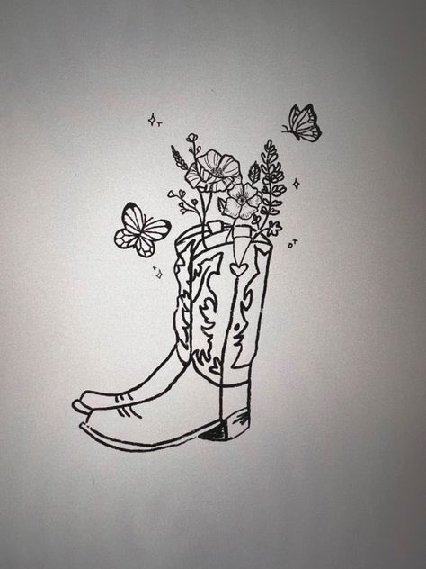 Minimal Flower Tattoo, Country Music Tattoos, Butterfly Tattoo Hand, Cowboy Boot Vase, Boot Tattoo, Cowboy Boot Tattoo, Country Girl Tattoos, Vase Tattoo, Boot Vase