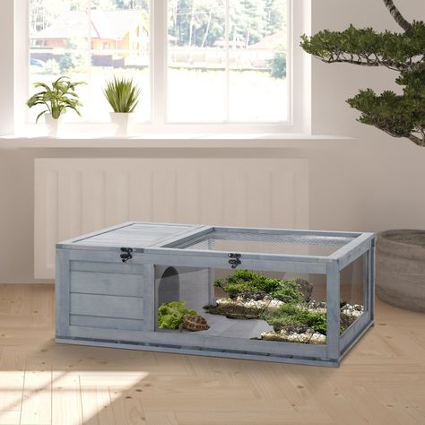 Cozy turtle cage with sleeping and viewing areas, made of durable fir wood with lockable latches. Three large windows provide easy observation, and side panels expand the living space for small animals like turtles, lizards, and snakes. Reptiles And Amphibians, Box Turtle Habitat, Turtle Cage, Wooden Bathroom Cabinets, Tortoise House, Turtle Habitat, Box Turtle, Reptile Cage, Fir Wood