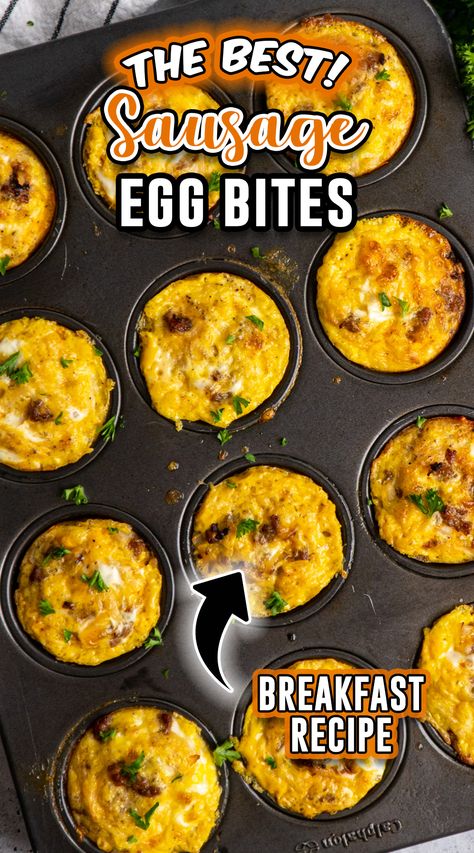 These protein-packed Sausage Egg Bites are the perfect meal prep for busy mornings.  Easy to customize with your favorite flavors, they're a delicious way to start your day. Breakfast Sausage Egg Bites, Egg And Sausage Bites, Egg Sausage Bites, Easy Breakfast Egg Bites, Egg Bites With Sausage, Sausage And Egg Bites, Breakfast Egg Bites Muffin Tins, Muffin Tin Eggs Recipes, Muffin Egg Bites