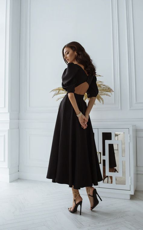 Black Midi Dress Outfit, Black Puff Sleeve Dress, Midi Dress Outfit, Midi Wedding Dress, Black Dresses Classy, Black Dress With Sleeves, Black Dress Formal, Guest Attire, Wedding Attire Guest