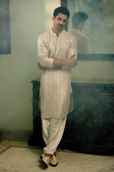 Buy Sharbari Studio Off White Garad Tussar Silk Embroidered Angrakha Kurta Set Online | Aza Fashions Sangeet Outfit For Men, Traditional Indian Mens Clothing, Kurta Designs Men's, Beige Kurta, Indian Wedding Clothes For Men, Mens Indian Wear, Boys Kurta Design, Wedding Kurta For Men, Wedding Dresses Men Indian