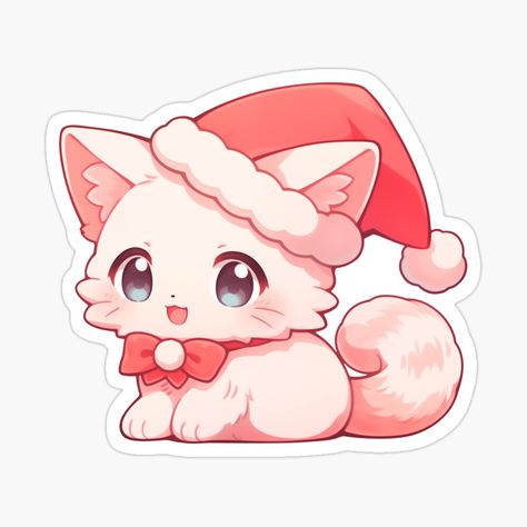 Cute Christmas Cat Art, Kawaii Christmas Drawings, Christmas Stickers Aesthetic, Christmas Cat Drawing, Santa Hat Png, Christmas Kawaii, Bff Christmas, Christmas Kitty, Kitten Drawing