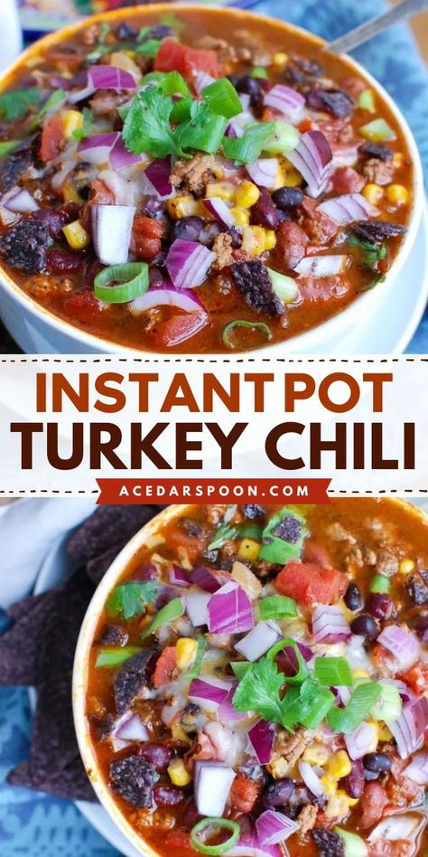 A simple soup recipe in the pressure cooker! Healthy and packed with protein from meat and beans, this ground turkey chili is an easy comfort food dinner your family will love. This Instant Pot chili also freezes nicely for later! Instant Pot Turkey Chili, Cooking With Friends, Ground Turkey Chili, Instant Pot Turkey, Turkey Chili Recipe, Chili Recipe Turkey, Chili Recipe Crockpot, Turkey Breast Recipe, Holiday Turkey