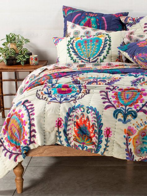 Bungalow Reversible Cotton Quilt - Folklore Full Size Comforter, Boho Quilt, Euro Shams, Quilted Sham, Main Bedroom, Cotton Quilts, Apartment Design, Apartment Living, Dream Room