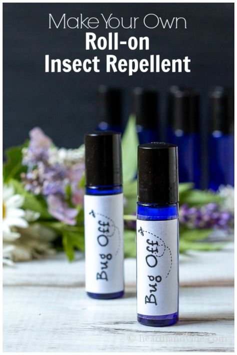 Two homemade insect repellent oil in roller ball bottles with label, bug off Mosquito Repellent Essential Oils, Essential Oil Bug Repellent, Insect Repellent Homemade, Essential Oil Roller Bottle Recipes, Roller Bottle Recipes, Homemade Essential Oils, Essential Oil Roller Balls, Essential Oils Herbs, Essential Oil Roller Bottle