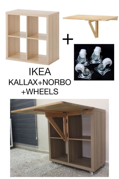 IKEA HACK EXTEND TABLE USING IKEA KALLAX + NORBO + WHEELS | Ikea küchenideen, Ikea kleine wohnung, Einrichten und wohnen wohnzimmer End Tables Diy, Funky Painted Furniture Diy, Furniture Repurpose, Ikea Kallax, Homemade Tables, Painted Furniture Diy, Craft Room Design, Diy Sofa Table, Wooden Pallet Projects