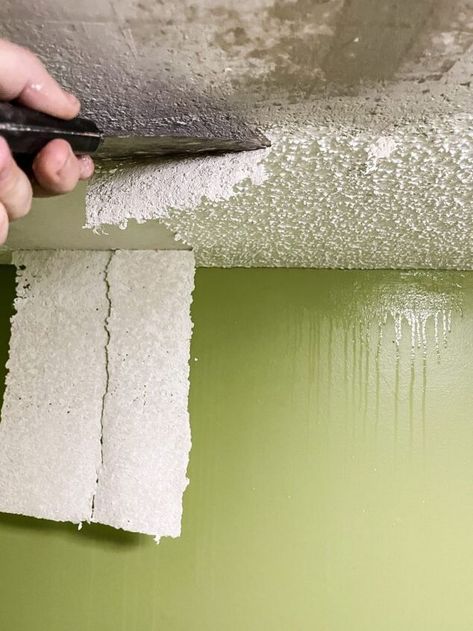 Remove Textured Ceiling, Popcorn Ceiling Makeover, Textured Ceiling, Half Bath Makeover, Lime Green Walls, Dark Bathroom Ideas, Removing Popcorn Ceiling, Black Accent Walls, Bath Makeover