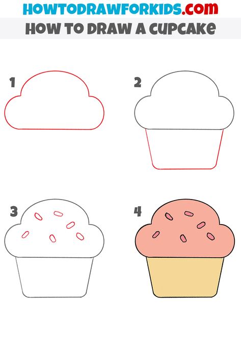 Easy Food To Draw, Sweets Drawing Easy, How To Draw Cupcakes Step By Step, How To Draw Food Easy, How To Draw A Cupcake, How To Draw Food Step By Step, Simple Cupcake Drawing, Cupcake Drawing Easy, Funny Simple Drawings