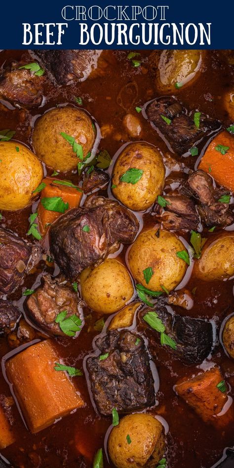 If you’re looking for a tender beef stew that’s been kicked up a notch or two with a rich red wine base then this Crockpot Beef Bourguignon is for you! via @familyfresh Red Wine Crockpot Pot Roast, Beef Merlot Recipe Crock Pot, Beef Stew With Prime Rib, Beef Stew With Red Wine Stove Top, Roast Beef Crock Pot Recipes Red Wine, Ree Drummond Beef Burgundy Stew, Beef Red Wine Slow Cooker, Red Wine Braised Stew Meat, Red Wine Crock Pot Roast