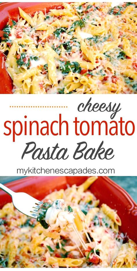 This pasta casserole is loaded with fresh spinach, tomatoes and mozzarella cheese. A delicious vegetarian bake that is a simple recipe idea for dinner Spinach Tomato Pasta, Tomato Pasta Bake, Spinach Pasta Bake, Tomatoes And Mozzarella, Spinach Tomato, Vegetarian Bake, Baked Pasta Recipes, Pasta Casserole, Spinach Pasta