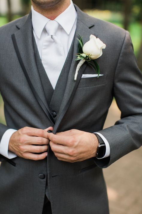 wedding groom suit tuxedo grey mens warehouse vera wang apple watch Wedding Suits Men Grey, Groomsmen Fashion, Grey Suit Wedding, Wedding Tux, Mens Wedding Attire, Rose Boutonniere, Wedding Suits Groom, Groom Tuxedo, Groom And Groomsmen Attire