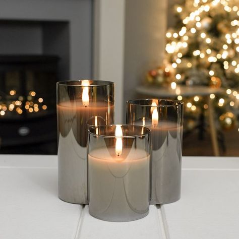 Candle Decor Bedroom, Realistic Candles, Grey Candles, Flame Candle, Led Pillar Candle, Flameless Led Candles, Electric Candles, Candle Aesthetic, Glass Cylinder