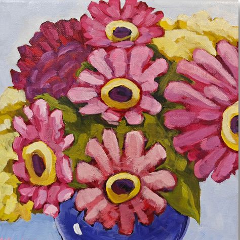 Day 10 of the #dpechallenge and our last day of painting florals with @lisa_daria_kennedy . Loved this week of the challenge. Its such good practice painting the same subject all week. Definitely forced me to try different painting styles to keep things fresh! #paintingchallenge #zinnias #bridalbouquet #doneisbetterthanperfect #meditation #freshflowers #expressionism #utahmom Purple Zinnia, Practice Painting, Painting Styles, Gifts For Art Lovers, Blue Vase, Fashion Painting, Pink And Purple, Salt Lake City, Art Original