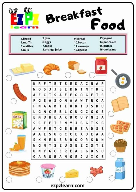 More fun with your teaching with Free Printable Word Search English Game Worksheet topic Breakfast Food worksheets for ESL teachers using for kindergarten, preschool and so on you can either download or print directly from our website. Food Crossword, Food Word Search, Ingles Kids, First Grade Reading Comprehension, Free Printable Word Searches, Fun Worksheets For Kids, English Grammar For Kids, Kindergarten Phonics Worksheets, Grammar For Kids