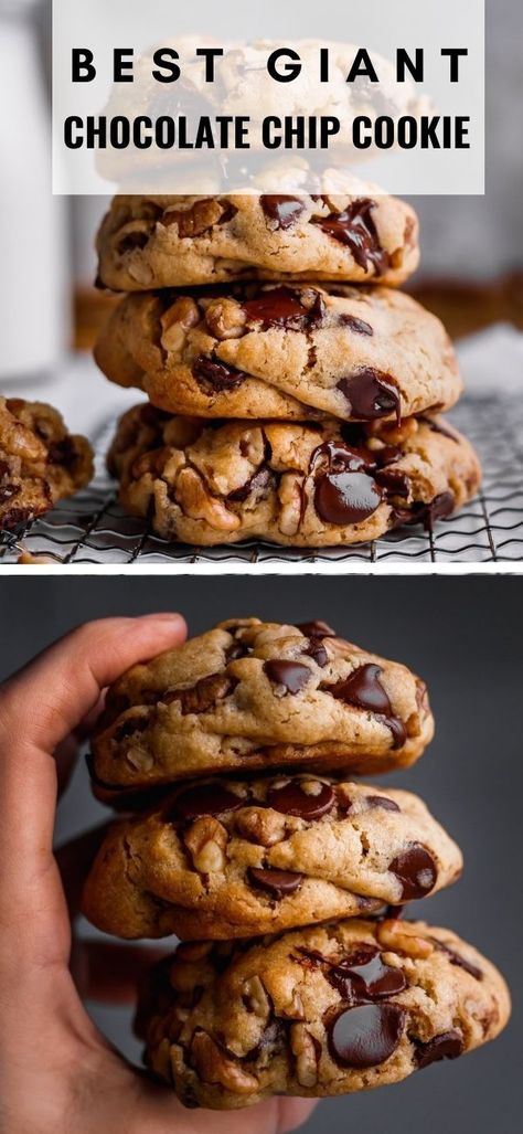 The Best Giant Chocolate Chip COOKIE RECIPE - incredibly delicious, soft, gooey & fully loaded chocolate chip cookies with walnuts. Joy Food Sunshine Chocolate Chip Cookies, Xl Chocolate Chip Cookies, Joyfoodsunshine Chocolate Chip Cookies, Super Fluffy Chocolate Chip Cookies, Tall Cookies Recipe, Big Choc Chip Cookies, Big Chunky Cookie Recipe, Extra Chocolate Chip Cookies, Oversized Chocolate Chip Cookies