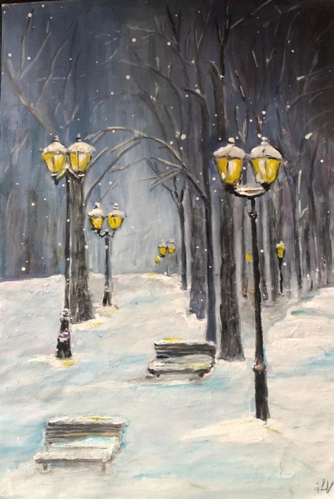 Winter Lamp Post Painting, Dark Street, Street Painting, Painting Lamps, Luge, Street Lamp, Folk Art Painting, Post Lights, Winter Theme