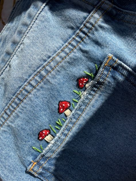 toadstool embroidery with grass Embroidery Designs On Jeans, Embrodiary Design, Personalized Jeans, Customised Jeans, Embroidery Jeans Diy, Embroider Ideas, Clothes Embroidery Diy, Diy Embroidery Patterns, Embroidery On Clothes