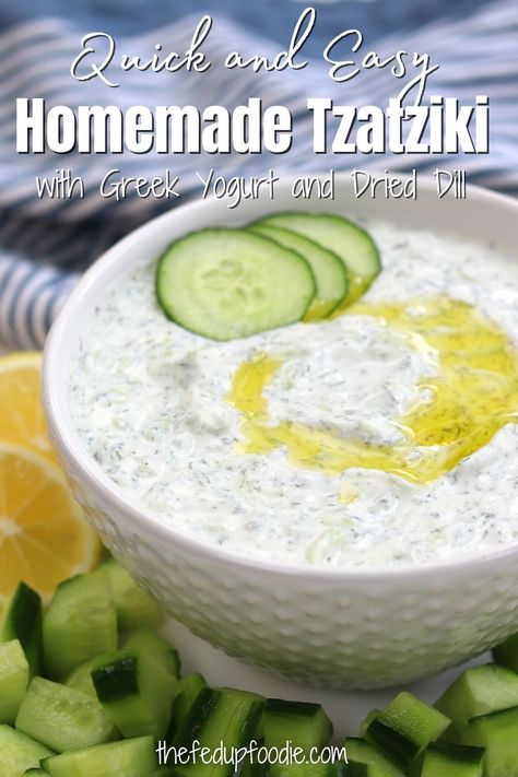 Easy Tzatziki Sauce recipe is delicious with all kinds of Greek dishes or as an appetizer with pita chips. Made with Greek yogurt, dried dill, English cucumber and lemon. #TzatzikiSauce #TzatzikiSauceRecipe #TzatzikiSauceWithDriedDill #TzatzikiSauceWithGreekYogurt #HomemadeTzatzikiSauce Cucumber Taziki Sauce Easy, Taziki Dip Recipe, Tezekki Sauce Recipe, Greek Cucumber Sauce Tzatziki, Home Made Taziki, Easy Tzatziki Sauce Greek Yogurt, Tziki Sauce Recipe Greek Yogurt Easy, Easy Taziki Sauce, Gyro Sauce Tzatziki