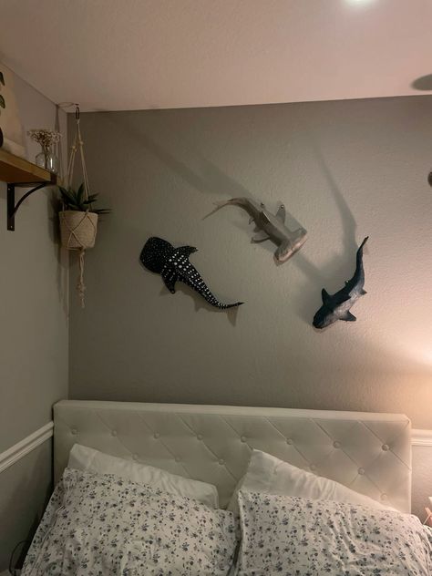 Shark Ocean Bedroom, Sea Life Room Ideas, Paper Mache Shark Wall, Shark Diy Decor, Marine Bedroom Ideas, Surfing Room Ideas Bedrooms, Shark Themed Room Aesthetic, Dark Beach Bedroom, Shark Bedroom Decor