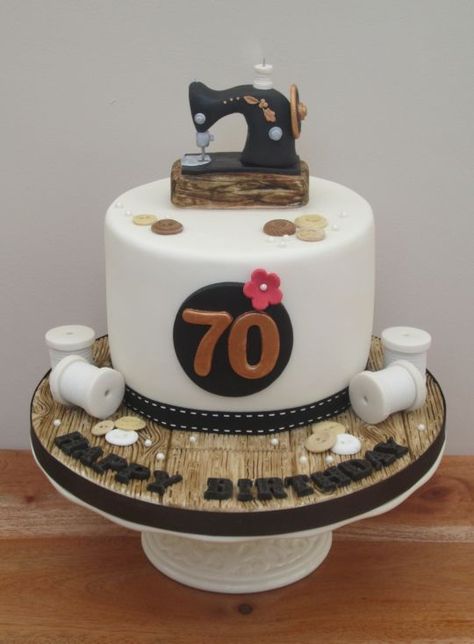 Sewing Themed 70th Birthday Cake Sewing Machine Cake, Sewing Cake, 70th Birthday Cake, Fondant Cake Designs, Cake White, Mothers Day Cake, Birthday Cakes For Women, Cakes For Women, Singer Sewing Machine