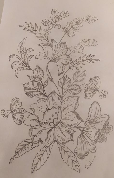 Flower Motifs Design Floral, Floral Khaka Designs, Floral Embroidery Khaka, Pencil Drawings Of Flowers, Floral Line Art, Flower Drawing Design, Flower Art Drawing, Paisley Art, Border Embroidery Designs