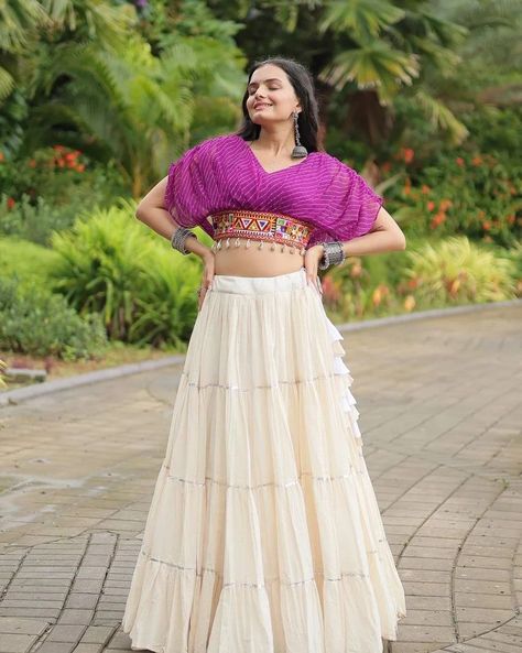 White Printed Lehenga, Printed Chaniya Choli, Lehenga Choli Designer, Cotton Lehenga, Navratri Special, Elegant Attire, Pleated Sleeves, Chaniya Choli, Trendy Collection