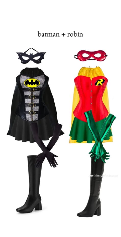 Womens Robin Costume, Classic Duos Characters, Cute Villain Costumes, Batman Robin Joker Costume, Duo Costume Ideas Blonde And Brunette, Creepy Duo Halloween Costumes, Group Of 5 Halloween Costumes College, Batman Duo Costume, Batman And Spiderman Costume