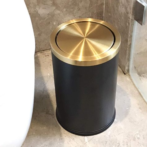 Gold Trash Can Bathroom, Powder Room Trash Can Ideas, Black Bathroom Trash Can, Powder Room Trash Can, Trash Can Bathroom Ideas, Modern Bathroom Trash Can, Bedroom Trash Can Ideas, Bathroom Trash Can With Lid, Black And Gold Bathroom Accessories