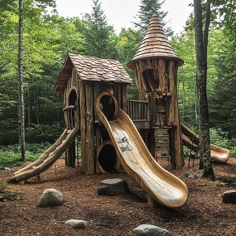 Wooded Backyard Playground, Nature Playscape Backyard, Coolest Playgrounds, Cottage Playground, Hillside Playground, Fairytale Playground, Home Playground, Platform Tree House, Fairy Playground