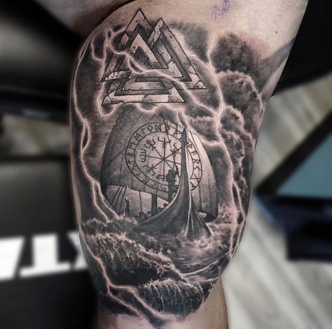 Awesome tattoo of Longship at sea by @j3ink Fancy getting one for yourself? #tattoos #awesometattoo #inkaddict #tattooedmen #inkedup #inkedmen #vikingtattoo #vikinginspired #vikingstyle #vikinginspired #thevikingway Upper Arm Tattoo Design, Viking Ship Tattoo, Ship Tattoo Sleeves, Valhalla Tattoo, Viking Tattoos For Men, Traditional Viking Tattoos, Viking Warrior Tattoos, Warrior Tattoo Sleeve, Sketchbook App