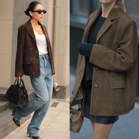 Chocolate Suede Jacket Outfit, Suede Jacket Street Style, Between Seasons Outfit, Dark Brown Suede Jacket Outfit, Suede Jacket Outfit 2024, Suede Blazer Outfit Women, Suede Blazer Outfit, Suede Moto Jacket Outfit, Brown Suede Jacket Outfit