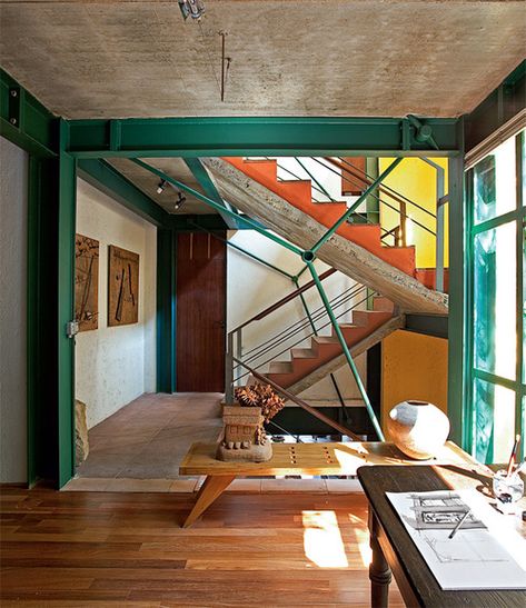 Painted Beams, Sao Paolo, Metal Beam, Loft Studio, Stair Case, Steel Beams, Ceiling Beams, Residential Architecture, House Inspo